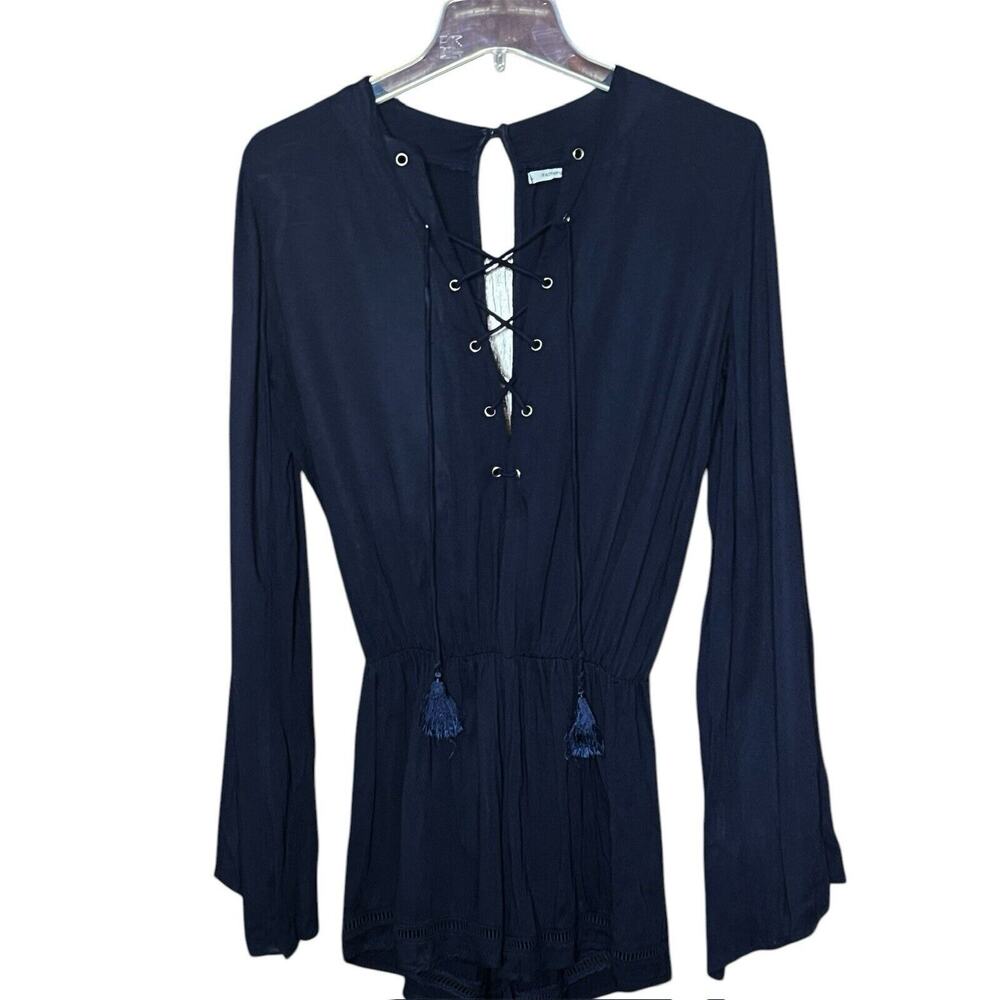 FAITHFULL THE BRAND NAVY BLUE RAYON ROMPER PLAYSUIT JUMPSUIT XS LACED NECKLINE